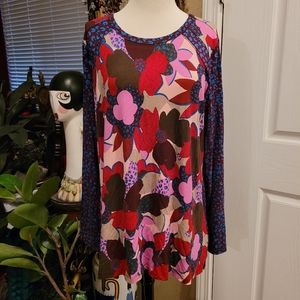 Logo Lori Goldstein Top Tunic XL Floral Purple Pink Long Sleeve Pockets